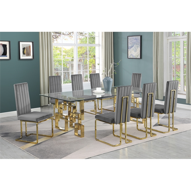 Best Quality Furniture 9-Piece Velvet & Tempered Glass Dining Set in Gray/Clear