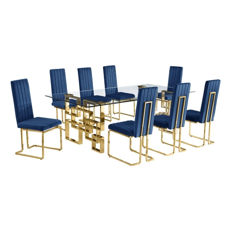 Best Quality Furniture 9-Piece Velvet & Tempered Glass Dining Set in Navy/Clear