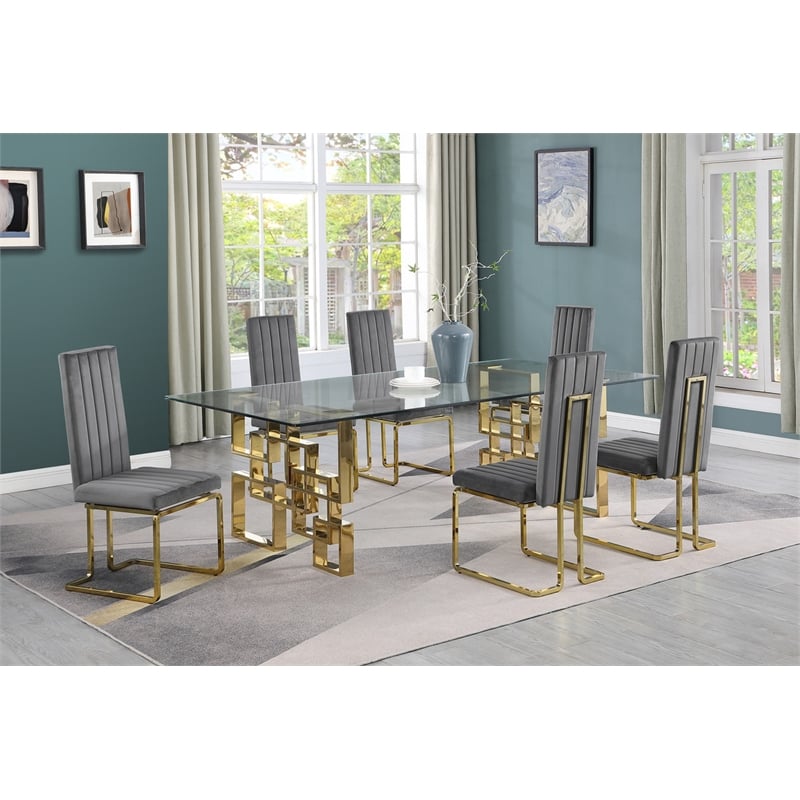Best Quality Furniture 7-Piece Velvet & Stainless Steel Dining Set in Gray/Gold