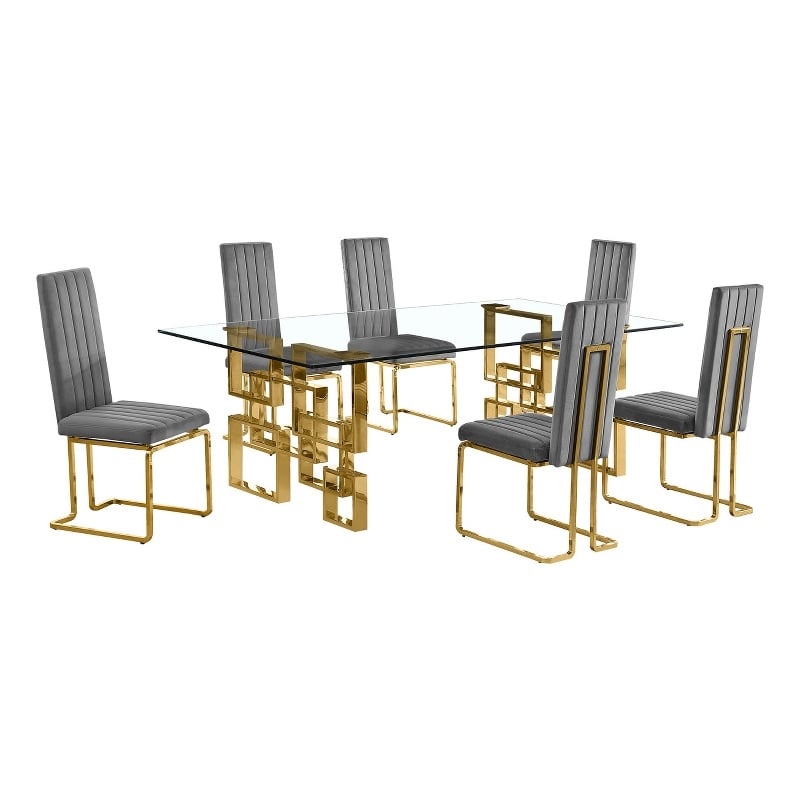 Best Quality Furniture 7-Piece Velvet & Stainless Steel Dining Set in Gray/Gold