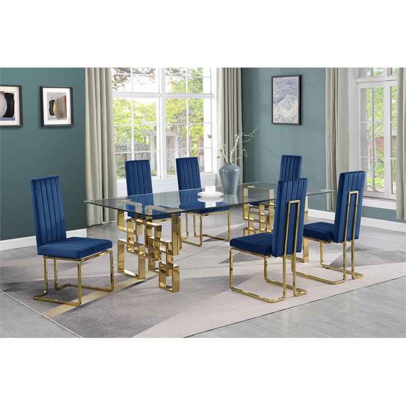Best Quality Furniture 7-Piece Velvet & Stainless Steel Dining Set in Navy/Gold