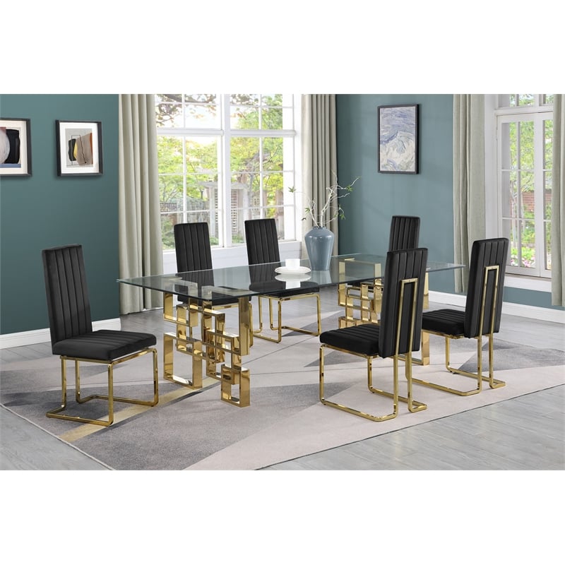 Best Quality Furniture 7-Piece Velvet & Stainless Steel Dining Set in Black/Gold