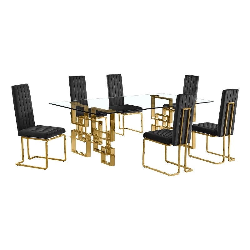 Best Quality Furniture 7-Piece Velvet & Stainless Steel Dining Set in Black/Gold