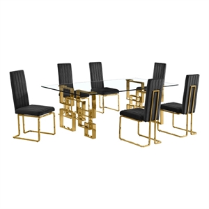 Best Quality Furniture 7-Piece Velvet & Stainless Steel Dining Set in Black/Gold