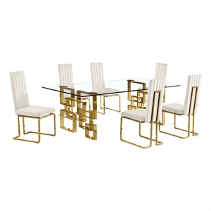 Best Quality Furniture 7-Piece Velvet & Stainless Steel Dining Set in Cream/Gold