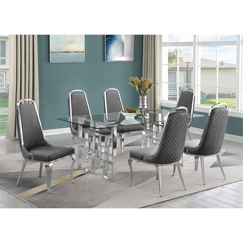 Best Quality Furniture 7-Piece Tempered Glass & Velvet Dining Set in Dark Gray