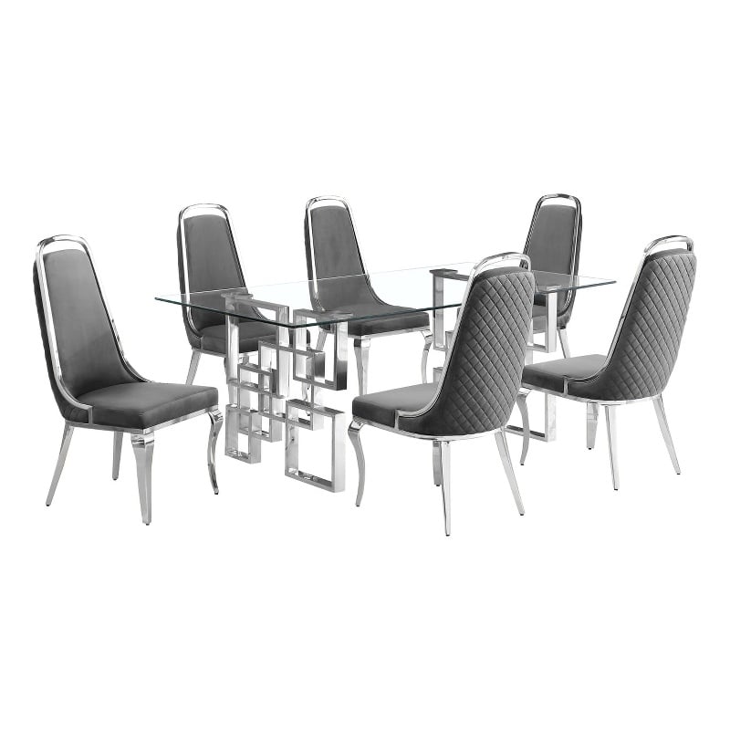 Best Quality Furniture 7-Piece Tempered Glass & Velvet Dining Set in Dark Gray