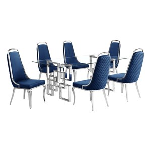 Best Quality Furniture 7-Piece Tempered Glass & Velvet Dining Set in Navy Blue