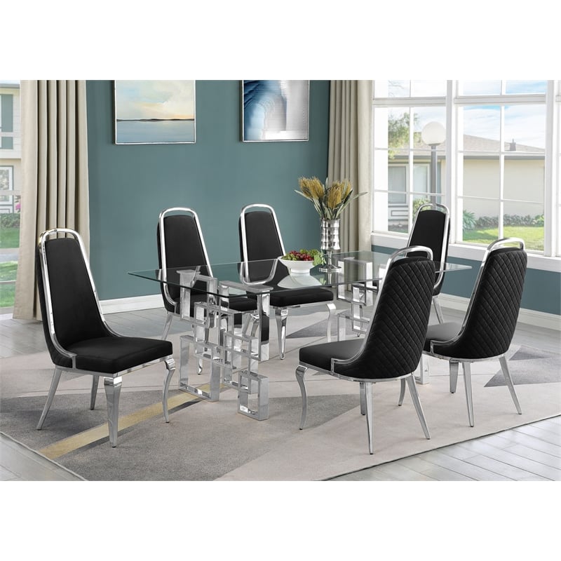 Best Quality Furniture 7-Piece Tempered Glass & Velvet Dining Set in Black