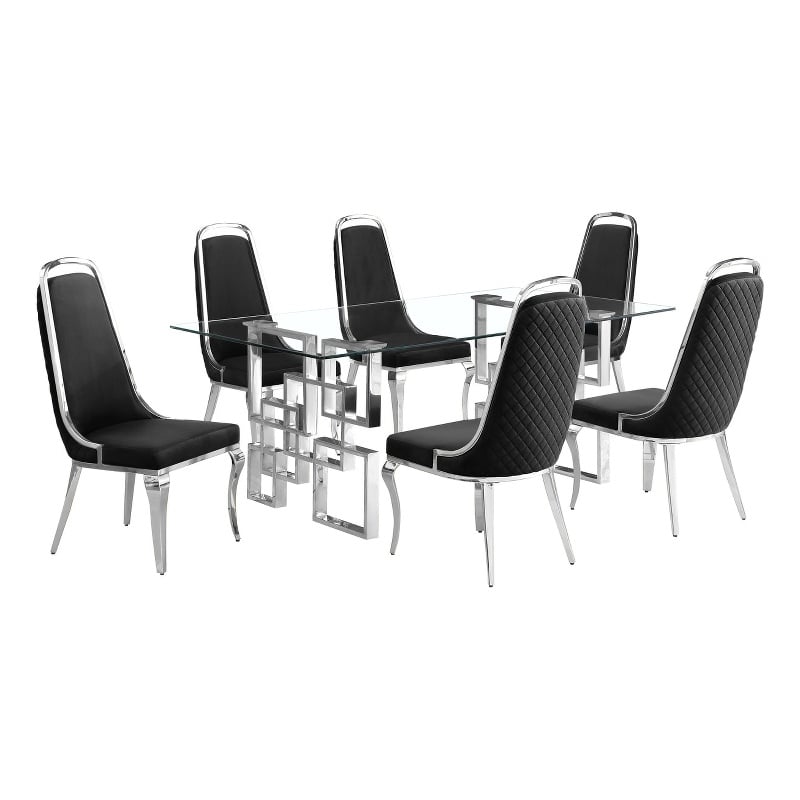Best Quality Furniture 7-Piece Tempered Glass & Velvet Dining Set in Black