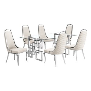 Best Quality Furniture 7-Piece Tempered Glass & Velvet Dining Set in Cream