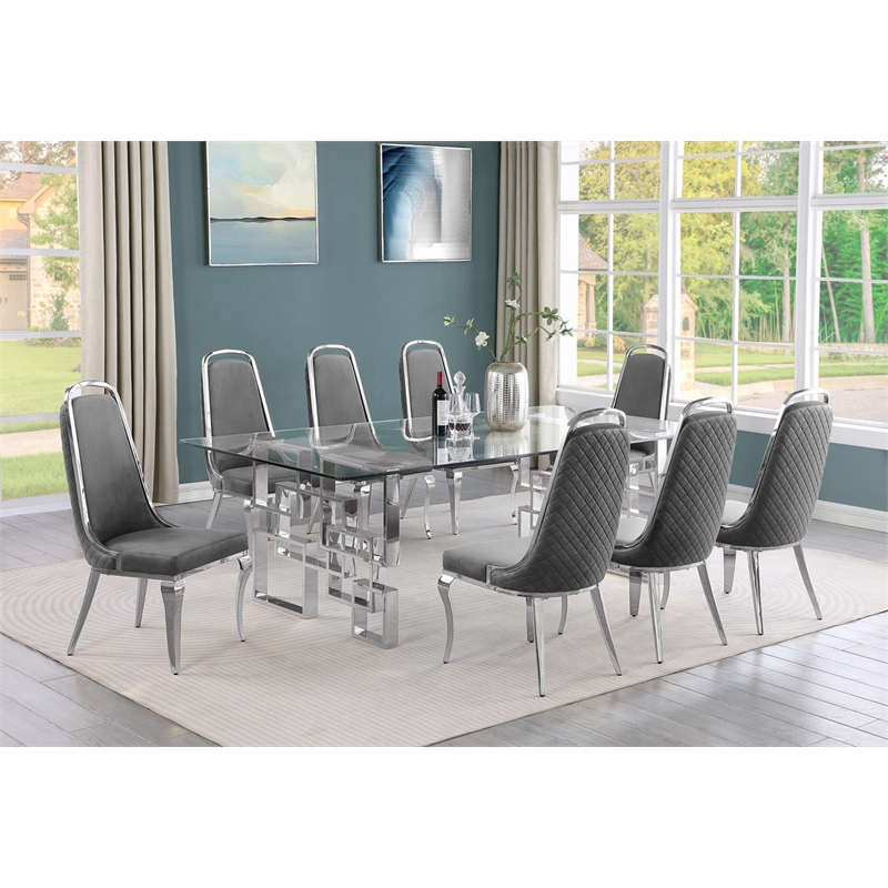 Best Quality Furniture 9-Piece Tempered Glass & Velvet Dining Set in Dark Gray