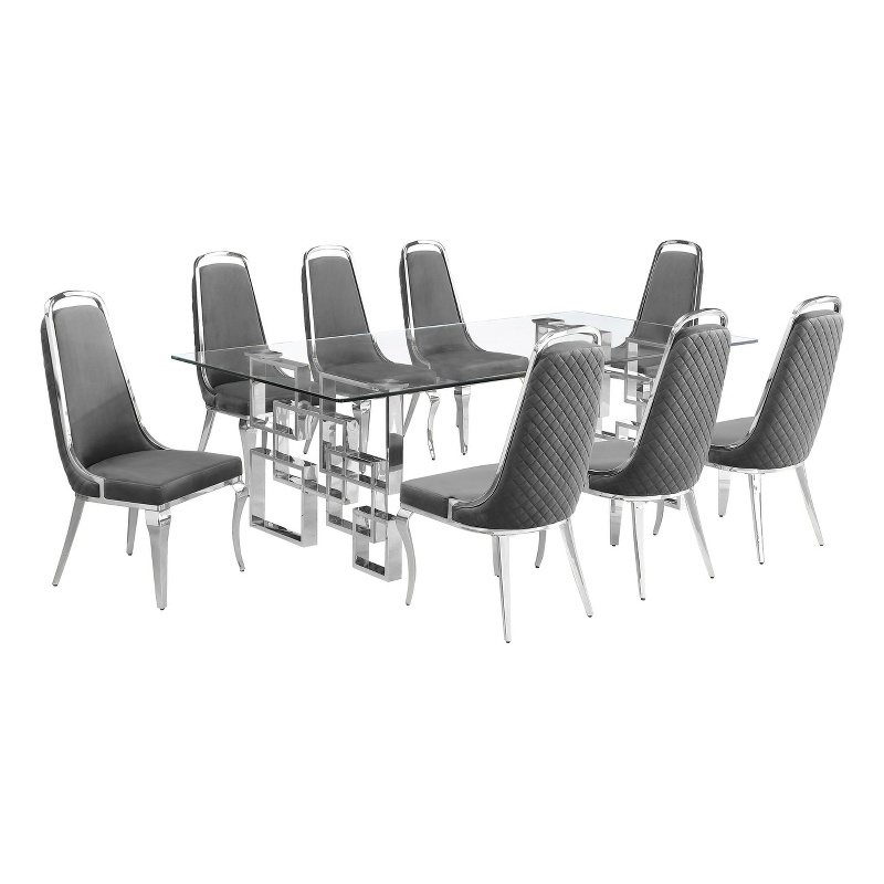 Best Quality Furniture 9-Piece Tempered Glass & Velvet Dining Set in Dark Gray