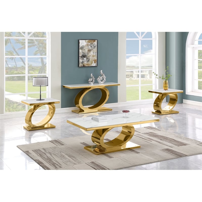 Best Quality Furniture White Marble Coffee Set with Gold Steel Ovular Base