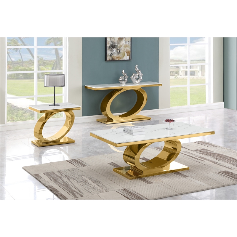 Best Quality Furniture White Marble Coffee Set with Gold Steel Ovular Base