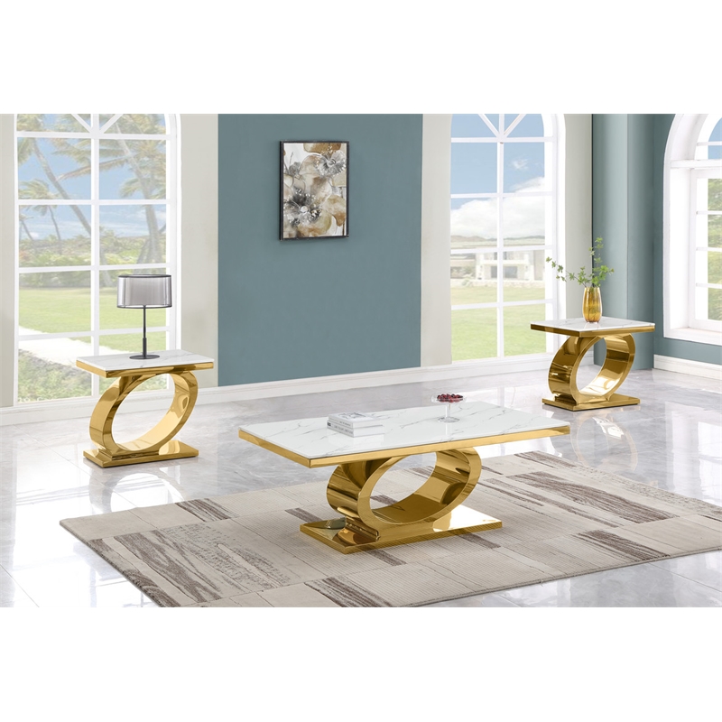Best Quality Furniture White Marble Coffee Set with Gold Steel Ovular Base