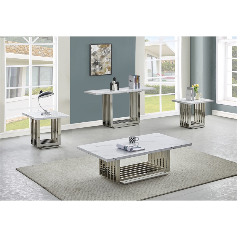Best Quality Furniture 4pc White Marble Coffee Set with Stainless Steel Base