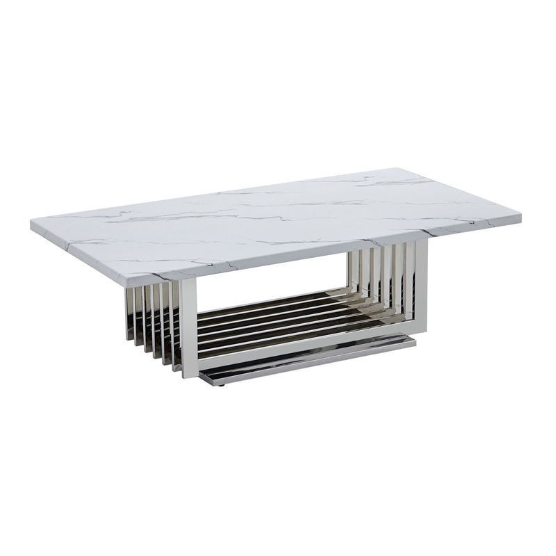 Best Quality Furniture 4pc White Marble Coffee Set with Stainless Steel Base