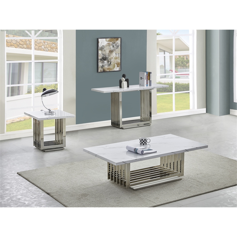 Best Quality Furniture 3pc White Marble Coffee Set with Stainless Steel Base