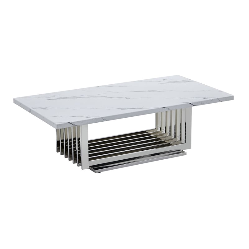 Best Quality Furniture 3pc White Marble Coffee Set with Stainless Steel Base
