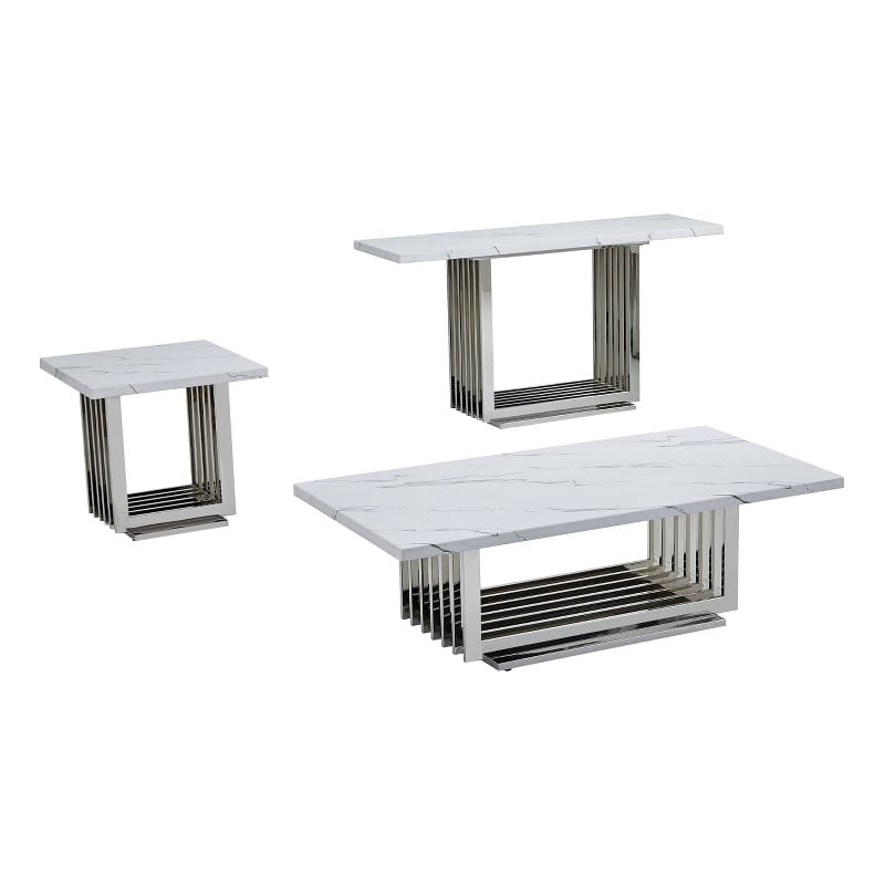 Best Quality Furniture 3pc White Marble Coffee Set with Stainless Steel Base