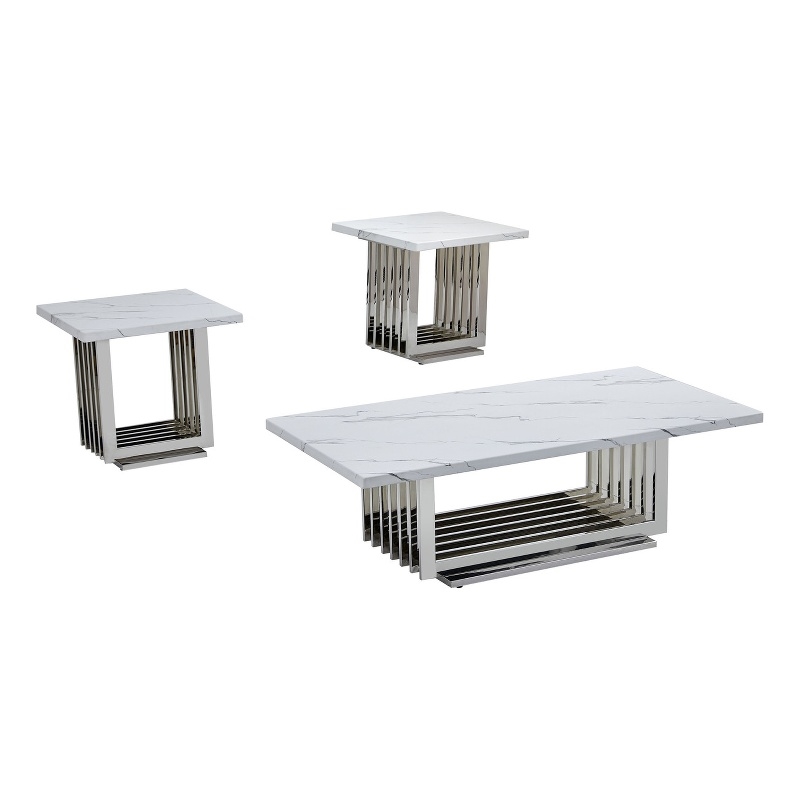 Best Quality Furniture 3pc White Marble Coffee Set with Stainless Steel Base