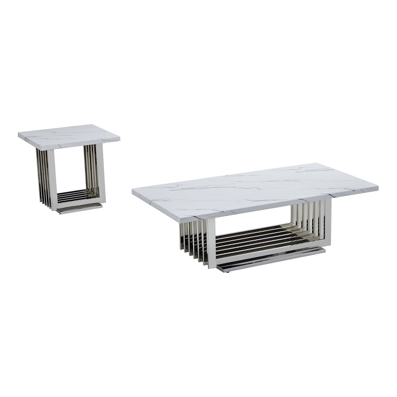 Best Quality Furniture 2pc White Marble Coffee Set with Stainless Steel Base