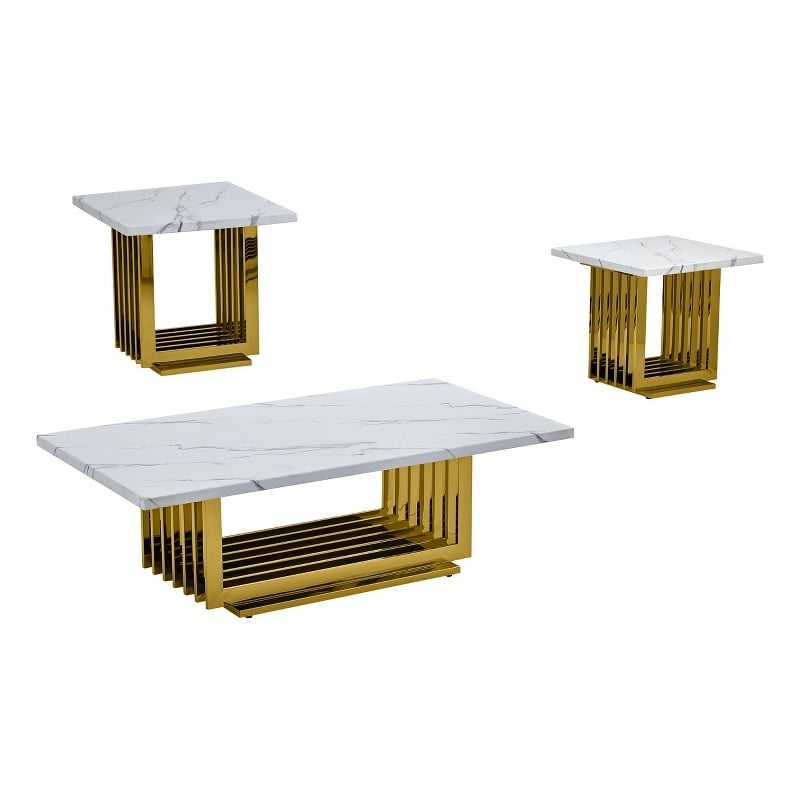 Best Quality Furniture 3pc White Marble Coffee Set with Gold Steel Base