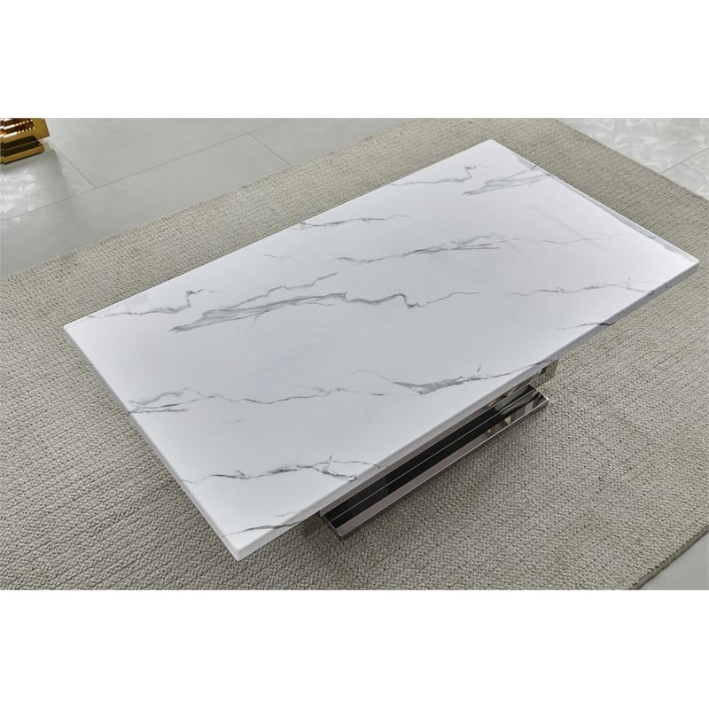 Best Quality Furniture 3pc White Marble Coffee Set with Gold Steel Base