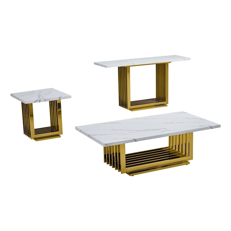 Best Quality Furniture 3pc White Marble Coffee Set with Gold Steel Base