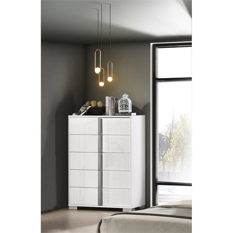 White Wood Lacquer 5 Drawer Chest with Metal Trim Accent Handle and Leg