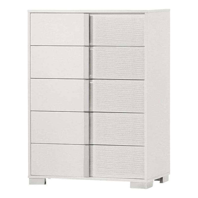 White Wood Lacquer 5 Drawer Chest with Metal Trim Accent Handle and Leg