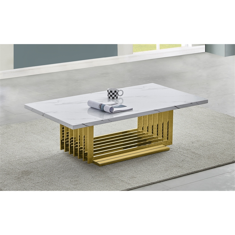 Best Quality Furniture White Marble Coffee Table with Gold Stainless Steel Base