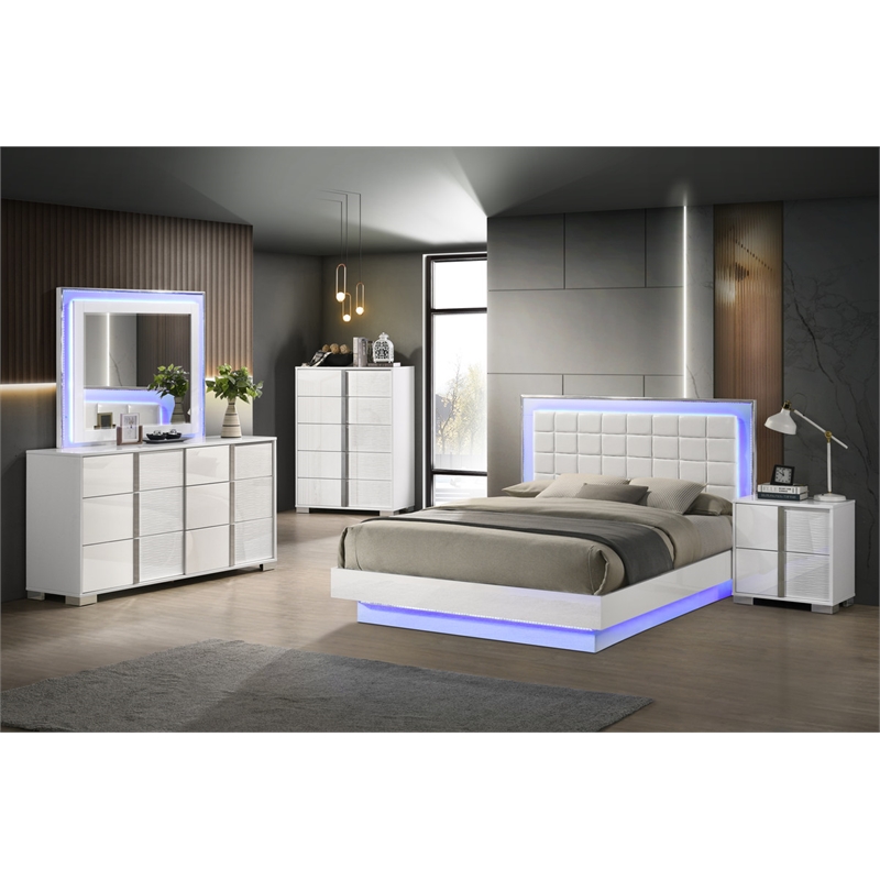 White Wood Lacquer Platform King Size Bedroom Set with Blue LED Lighting