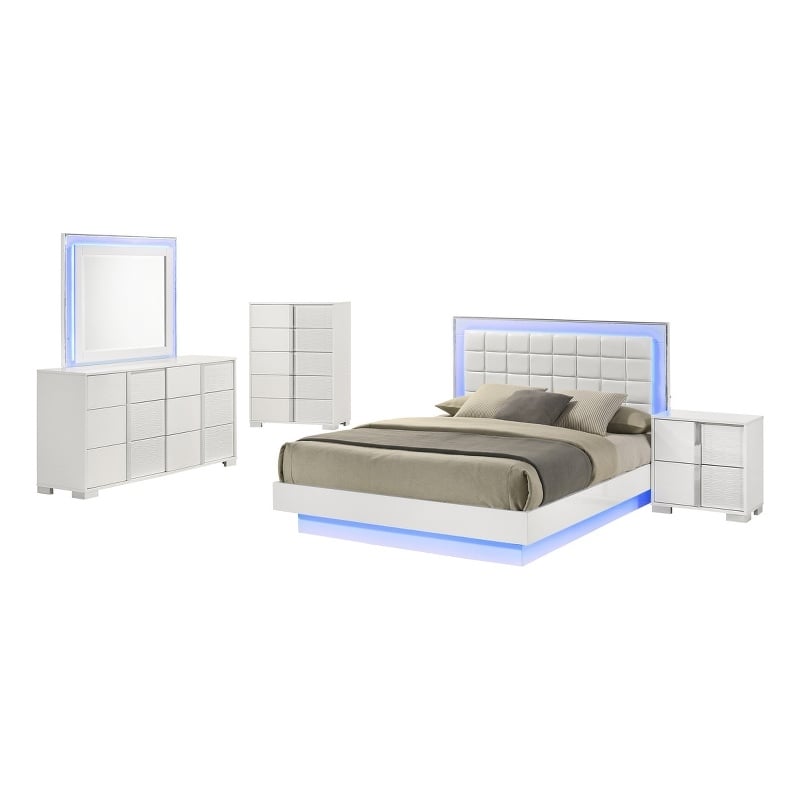 White Wood Lacquer Platform King Size Bedroom Set with Blue LED Lighting