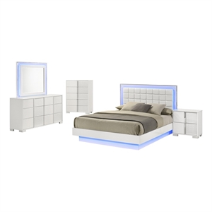 White Wood Lacquer Platform King Size Bedroom Set with Blue LED Lighting
