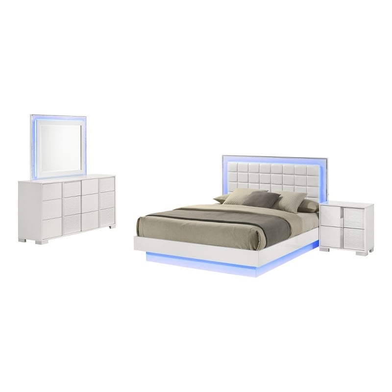 White Wood Lacquer Platform King Size Bedroom Set with Blue LED Lighting