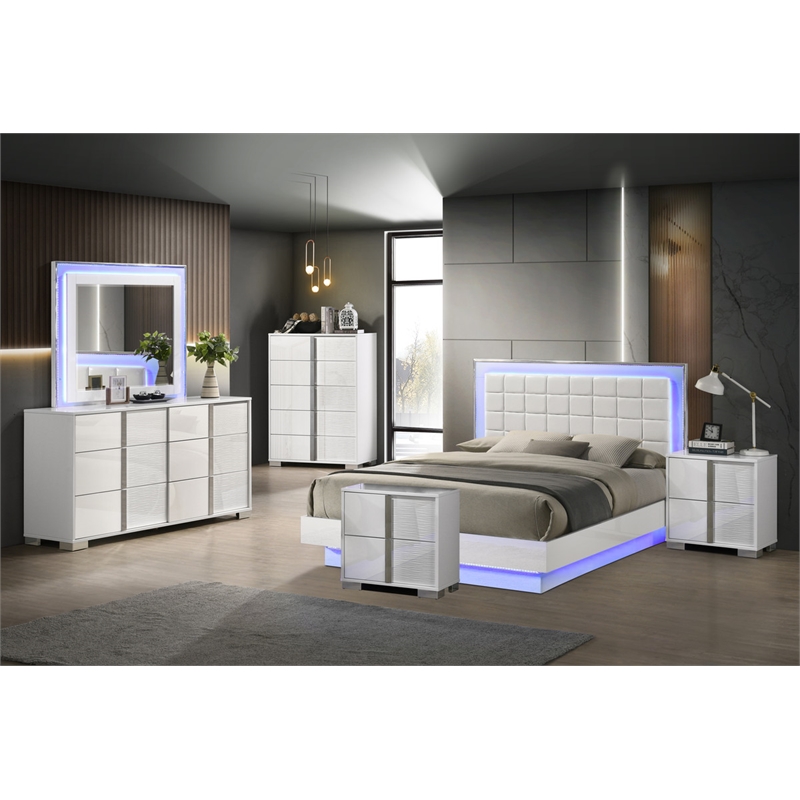 White Wood Lacquer Platform Queen Size Bedroom Set with Blue LED Lighting