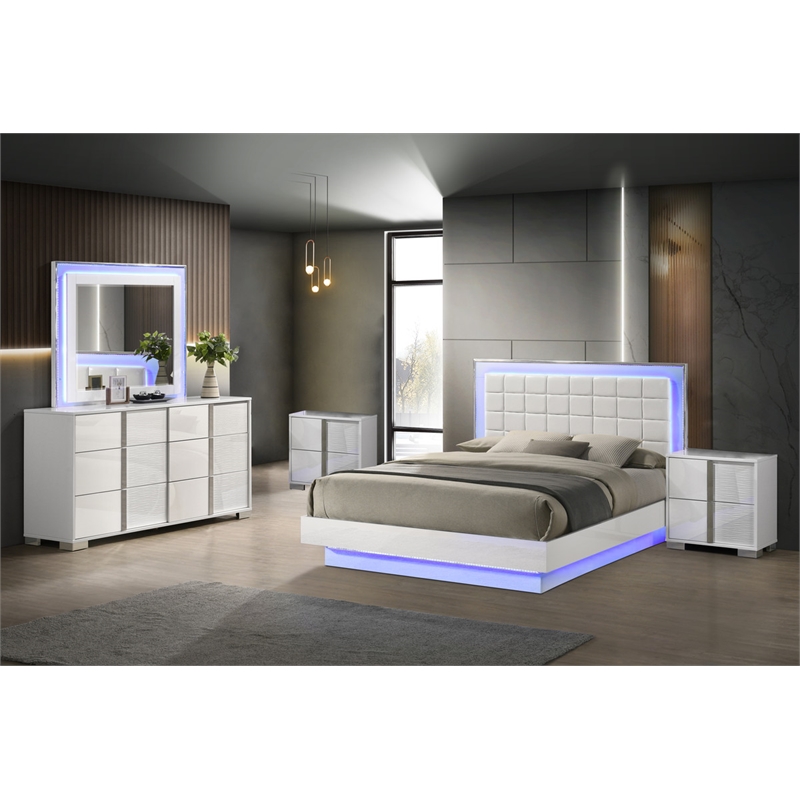 White Wood Lacquer Platform Queen Size Bedroom Set with Blue LED Lighting