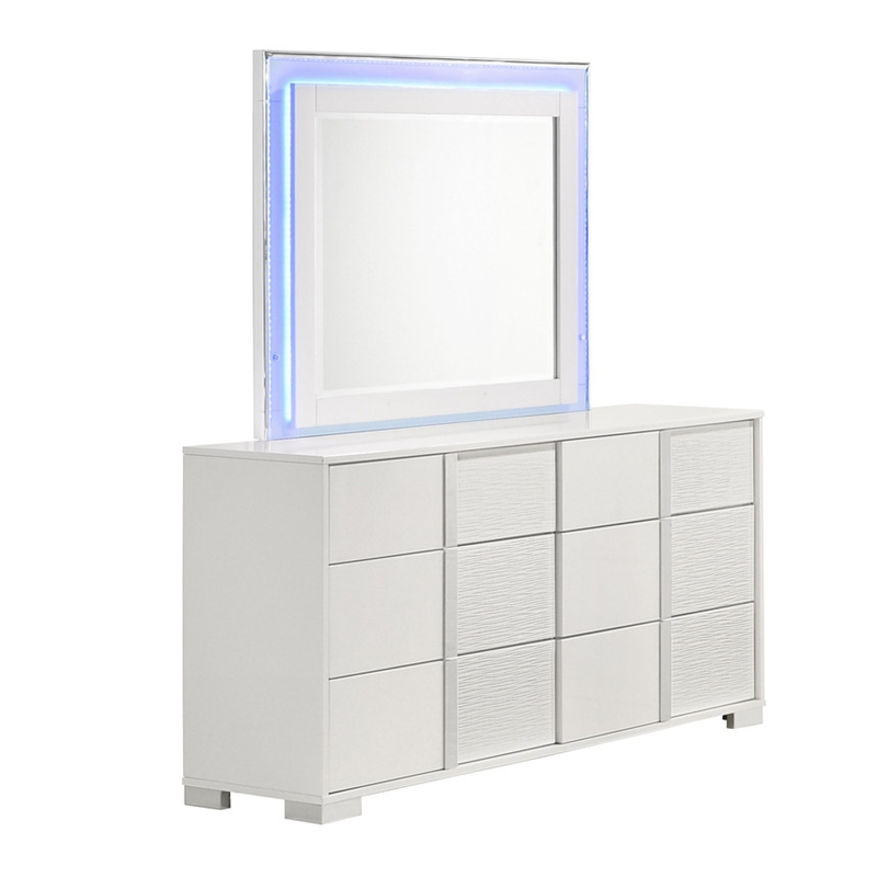 White Wood Lacquer Platform Queen Size Bedroom Set with Blue LED Lighting