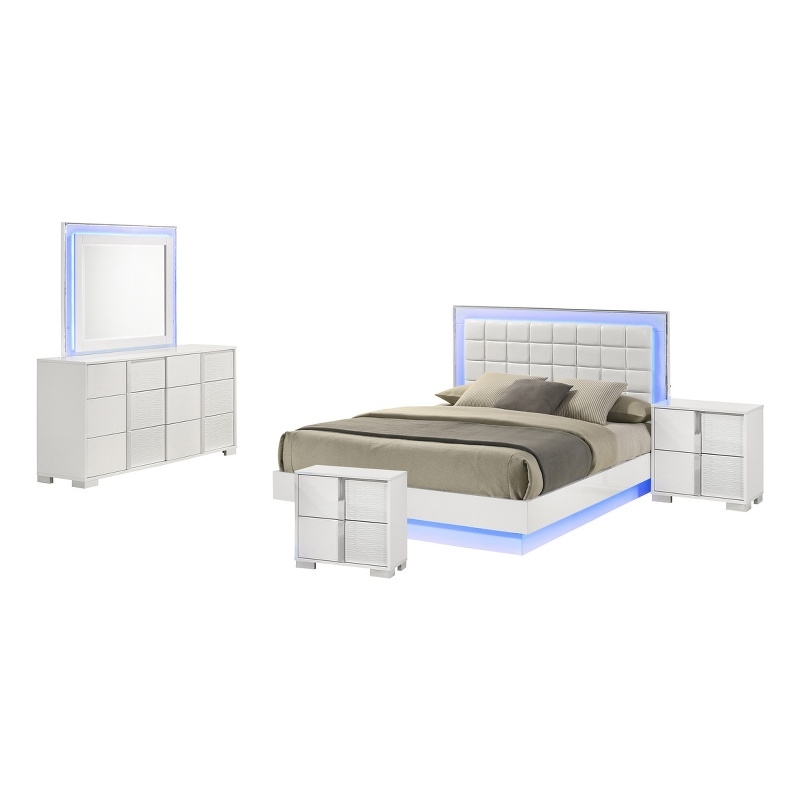 White Wood Lacquer Platform Queen Size Bedroom Set with Blue LED Lighting
