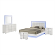 White Wood Lacquer Platform Queen Size Bedroom Set with Blue LED Lighting