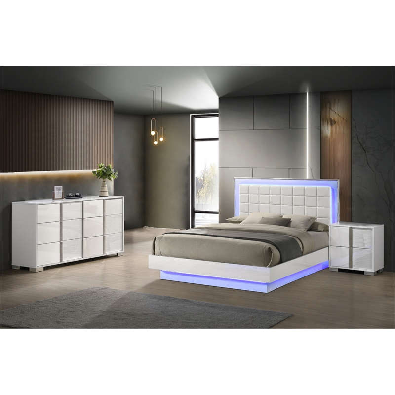 White Wood Lacquer Platform Queen Size Bedroom Set with Blue LED Lighting
