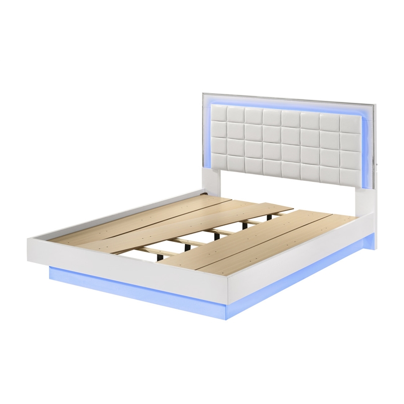 White Wood Lacquer Platform Queen Size Bedroom Set with Blue LED Lighting