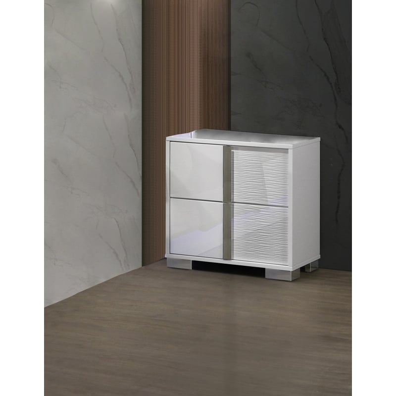 White Wood Lacquer 2 Drawer Nightstand with Metal Trim Accent Handle and Leg