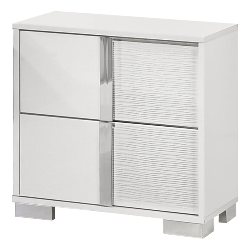 White Wood Lacquer 2 Drawer Nightstand with Metal Trim Accent Handle and Leg