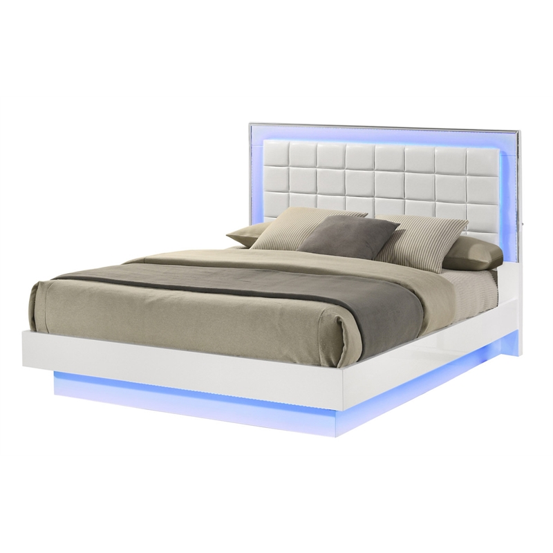 White Wood Lacquer Floating Platform Queen Size Bed with Blue LED Lighting