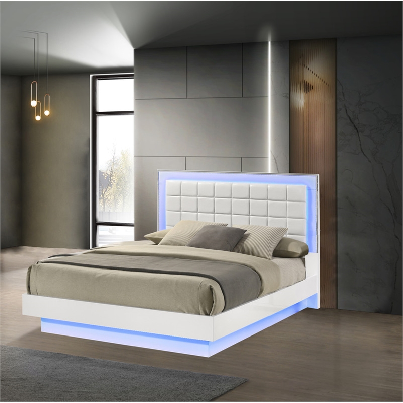 White Wood Lacquer Floating Platform Queen Size Bed with Blue LED Lighting