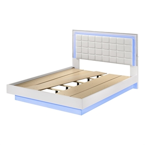 White Wood Lacquer Floating Platform Queen Size Bed with Blue LED Lighting