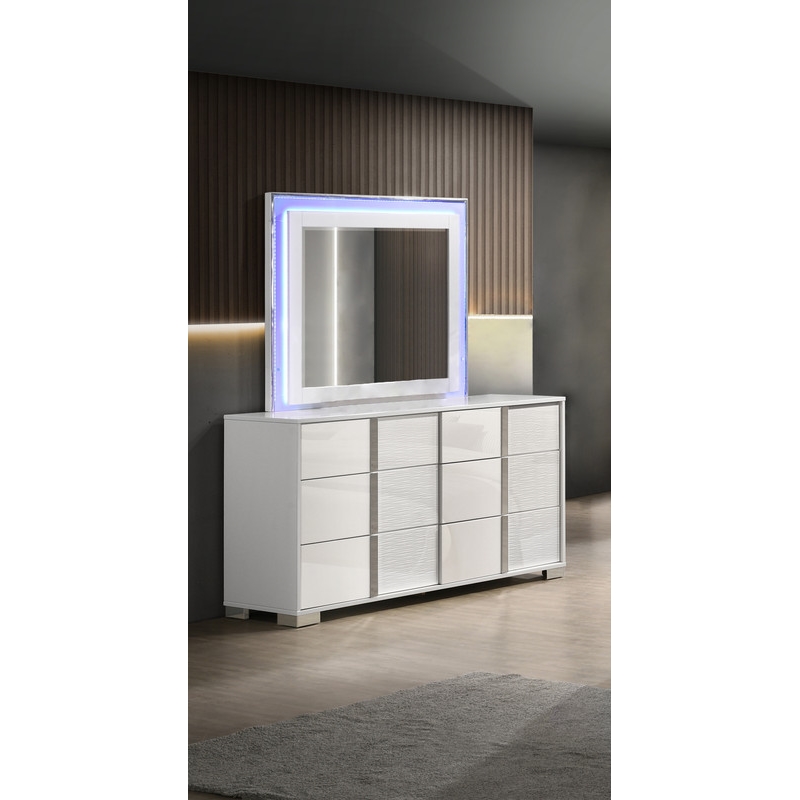 White Wood Lacquer 6 Drawer Dresser with Mirror and Blue LED Lighting